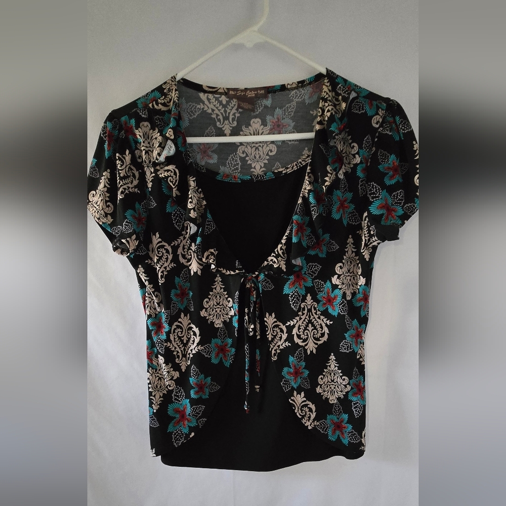 Black and Teal Floral Damask Print Women's Top Petite Medium